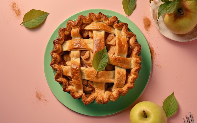 Een bovenkant van een heerlijke appeltaart op een pastelkleurige achtergrond