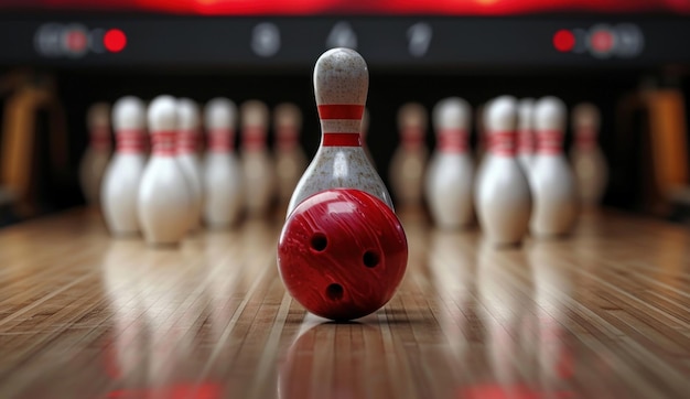 een bowlingbal en pinnen die slaan