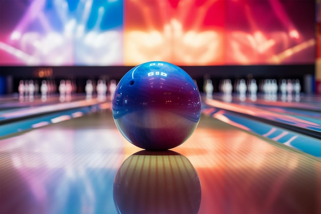 Een bowlingbal staat voor een bowlingbaan.