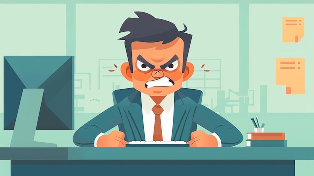 Een boze en gefrustreerde zakenman op het werk Illustratie van een gestresseerde ondernemer aan zijn bureau