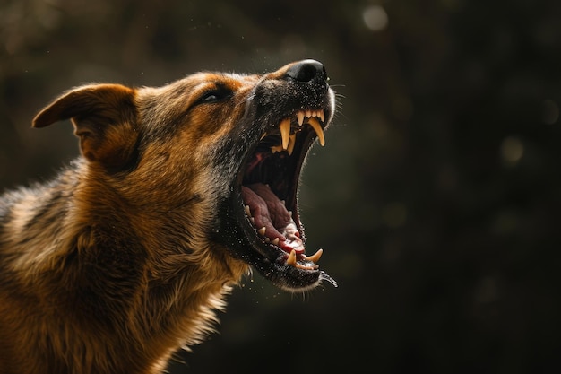 Een boze hond met zijn mond open op een donkere achtergrond