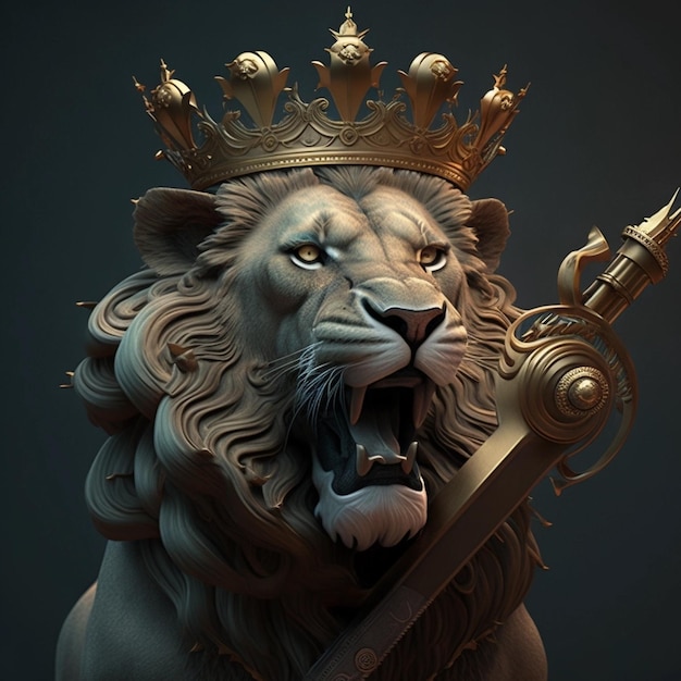 Een boze leeuw met een kroon op zijn hoofd