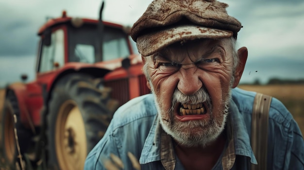 Een boze man in een veld met een tractor.