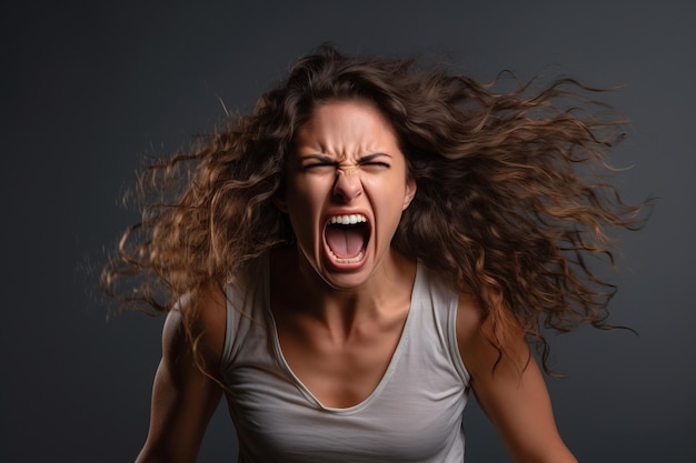 een boze vrouw met haar mond open en haar haren wapperend in de wind