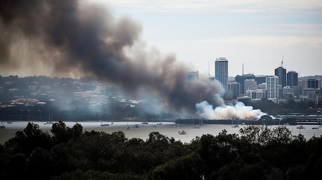 Een brand in de stad Sydney wordt gezien vanaf de rivieroever.