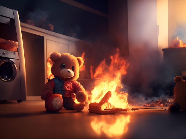 Een brand in een appartement een speelgoed teddybeer voor een brand Generatie AI