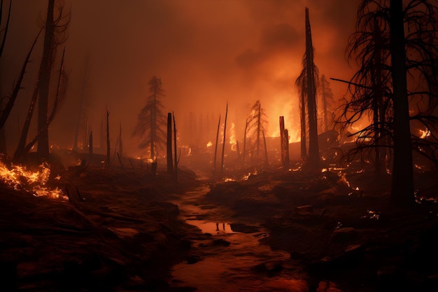 Een brand in het bos Gebrand bos Milieubescherming Wildbrand Bedreiging voor het milieu