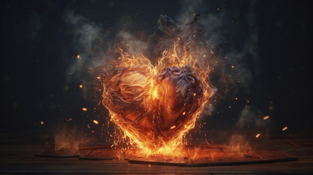 Een brandend hart op een houten tafel symboliseert passie en verlangen Generatieve ai