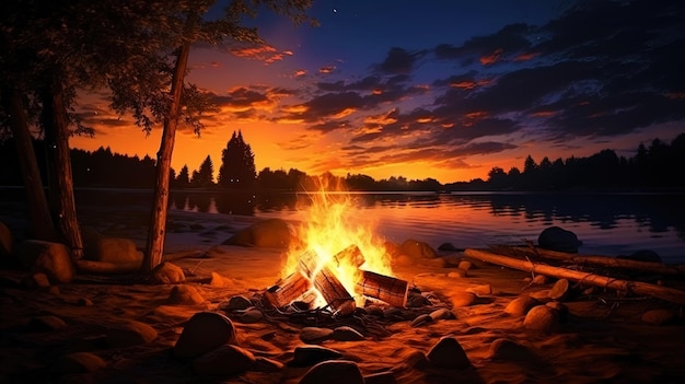 Een brandend vuur bij zonsondergang verlicht de nachtelijke hemel.