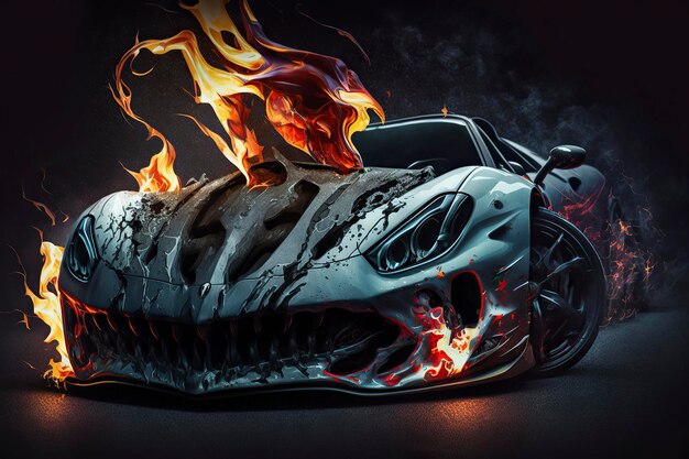 Foto een brandende auto met een brandend vuur aan de voorkant.