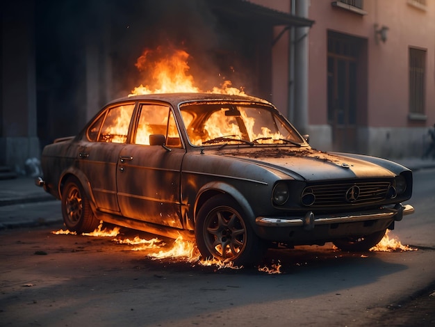 Foto een brandende auto op straat, de nasleep van een terroristische aanval.