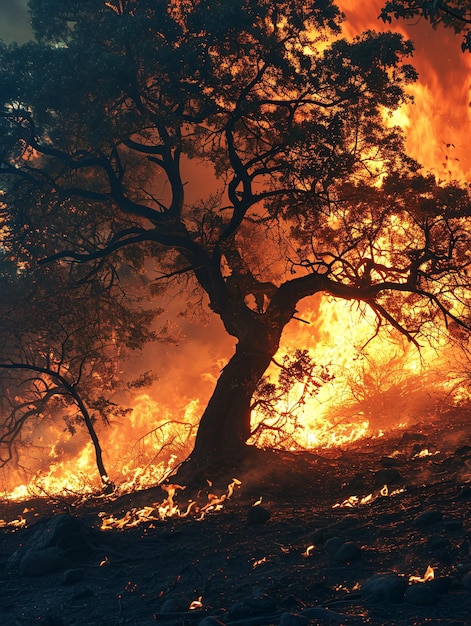 Een brandende boom verwoest in een hel Wildbrand die stedelijke gebieden in gevaar brengt en gevaar vormt voor voertuigen en inzittenden Dodelijke brand