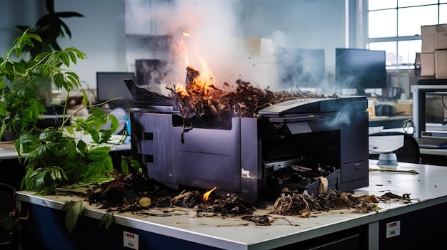 Een brandende printer met rook in het kantoor.