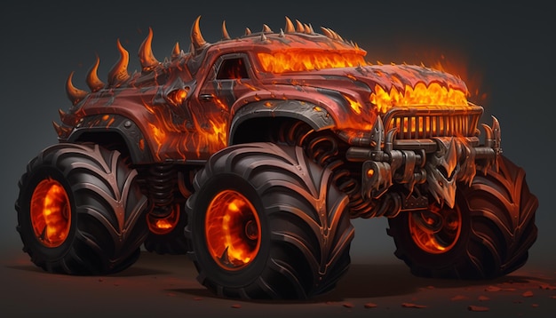 Foto een brandgedreven monstertruck met vlammen langs geschilderd