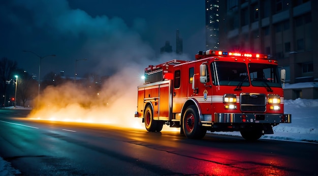 Een brandweerauto blust een brand voor een brandend gebouw.