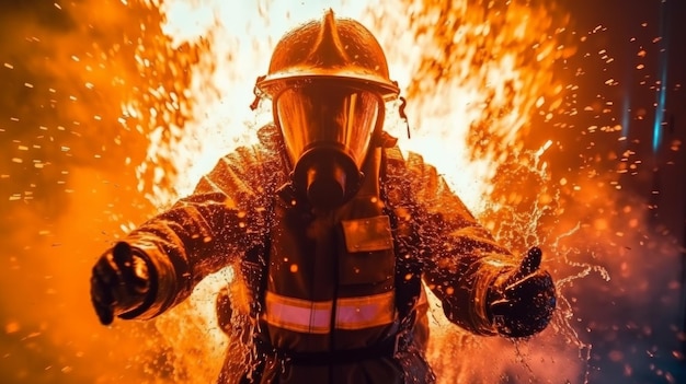 Een brandweerman bestrijdt de vlammen met water en een brandblusser