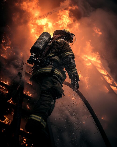 Foto een brandweerman die een slang draagt