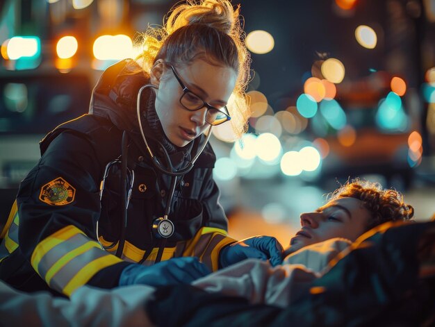 Foto een brandweerman en een paramedicus controleren's nachts een gewonde persoon