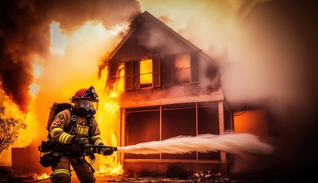 Een brandweerman in een brandweerpak spuit water op een brandend huis.