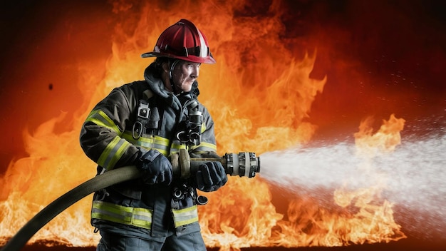 een brandweerman met een brandslang in zijn hand