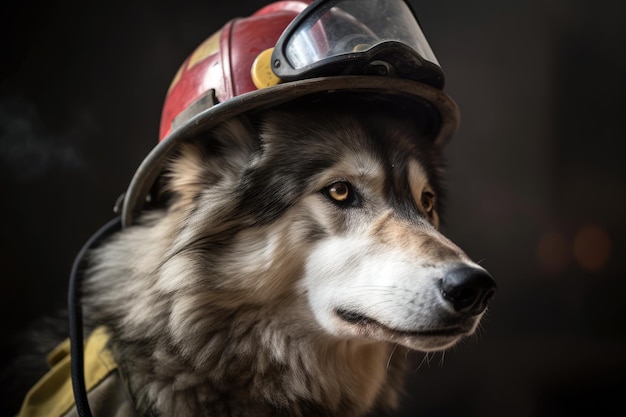 Een brandweerman met een brandweerhelm en een veiligheidsbril.