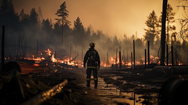 een brandweerman op de plaats van de brand