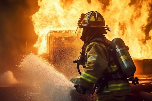 Een brandweerman spuit water op een brand.