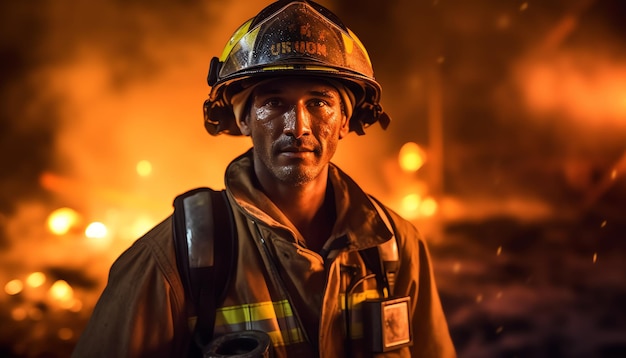 Een brandweerman staat voor een brandend gebouw.