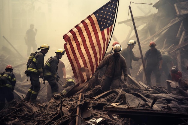 Een brandweerman staat voor een vlag die wordt opgehouden door andere brandweerlieden.