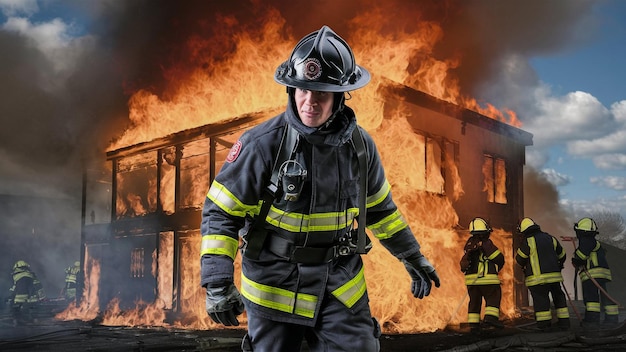 een brandweerman voor een brandend gebouw met vuur op de achtergrond