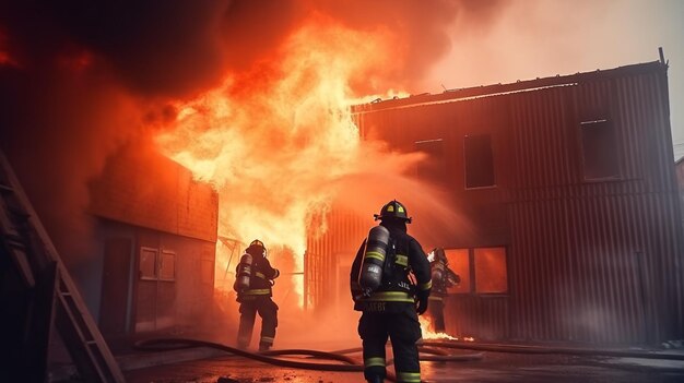 Een brandweerman wordt gezien voor een brandend gebouw.