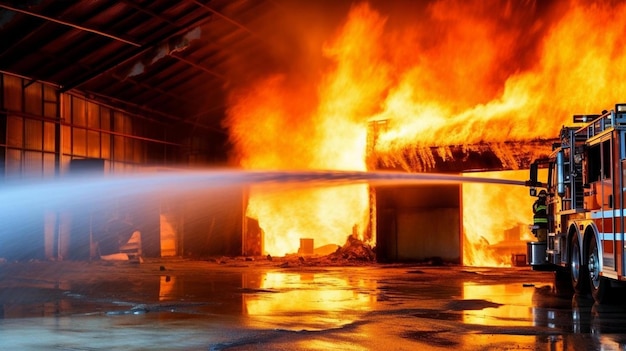 een brandweerwagen die water op een gebouw sproeit