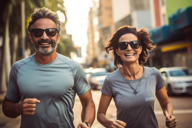 Een Braziliaans echtpaar van middelbare leeftijd tijdens een avond joggen door de straten van hun buurt Sport als de beste remedie voor veroudering Liefhebbend echtpaar van middelbare leeftijd tijdens een outdoor jogging workout
