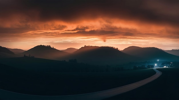 Foto een brede opname van de silhouetten van de heuvels op het platteland bij zonsondergang
