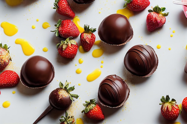 Een brede selectie van heerlijke ronde chocoladedesserts met verse, sappige aardbeien 3d illustratie