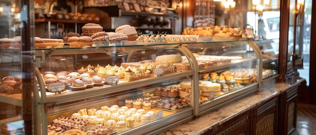 Een breedhoekfoto van een uitgebreid assortiment gebakken goederen in een traditionele bakkerij, variërend van muffins tot uitgebreide gebak