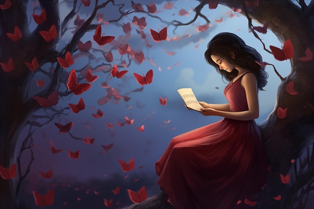 Een brief voor Valentijnsdag toont een verliefd meisje dat een brief met harten leest