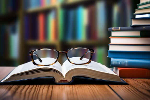 Een bril staat op een houten bureau met een stapel boeken