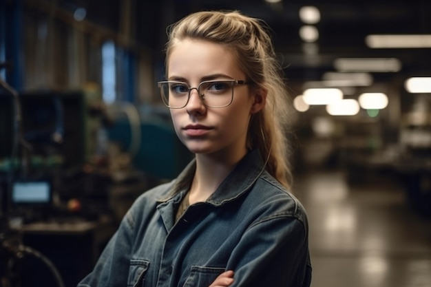 Een brildragende vrouw staat in een donkere kamer met op de achtergrond een machine.