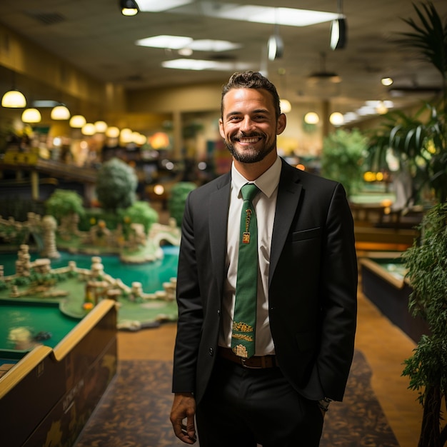 een bro van een jachthavenfinancier op een indoor minigolfbaan