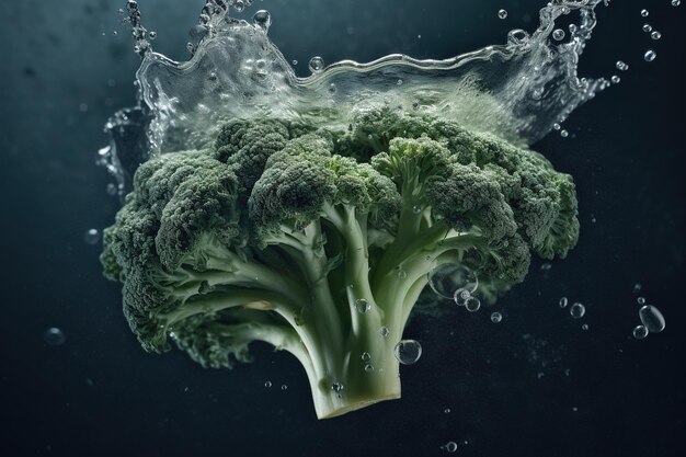 Een broccoli wordt in het water gedropt en de onderkant is groen