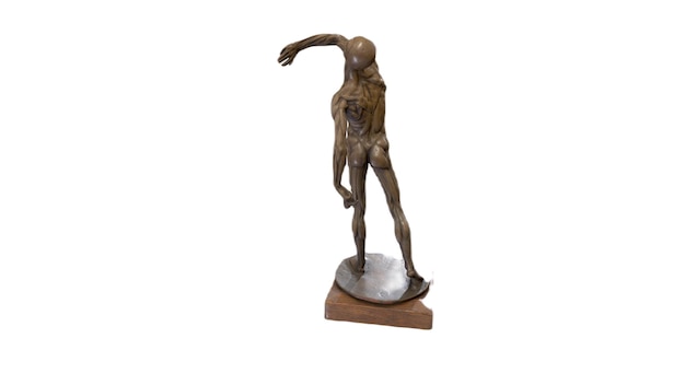 Een bronzen beeld van een man die een bal gooit.