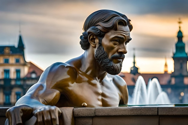 een bronzen beeld van een man met een baard zit in een fontein.