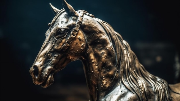 Een bronzen beeld van een paard met het woord paard erop