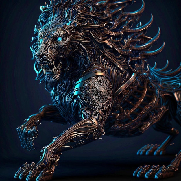 Een bronzen leeuw met een blauwe achtergrond en een zwarte achtergrond.
