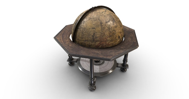 Een bronzen wereldbol op een schaal met het woord oorlog erop.
