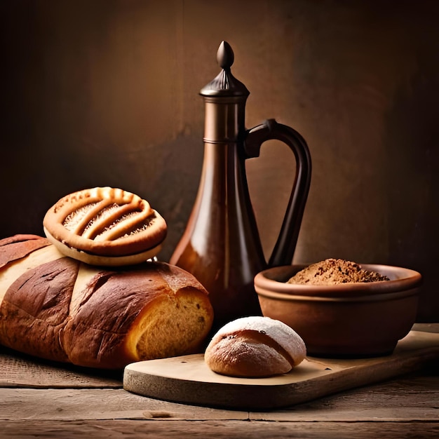 Een brood en een fles brood op een houten tafel