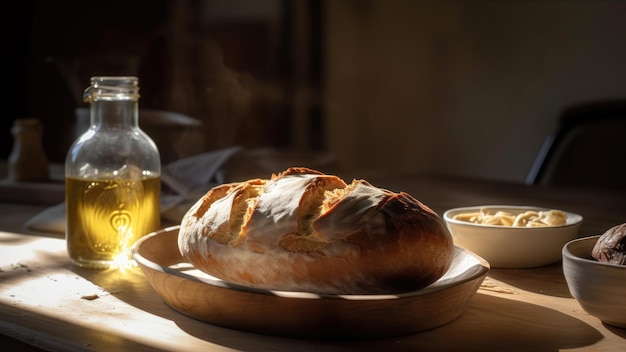 Een brood en een kom olijfolie ernaast.