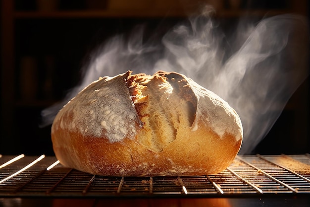 een brood ligt op een rek met rook.