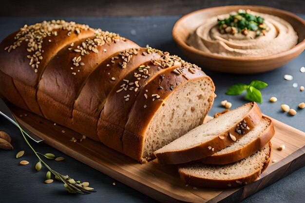 Een brood met een bakje hummus erbij.